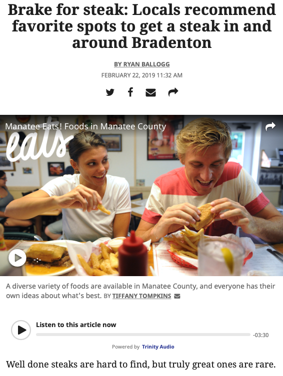 Screenshot of the article with title: Brake for steak: Locals recommend favorite spots to get a steak in and around Bradenton and video of two people eating in Manatee County