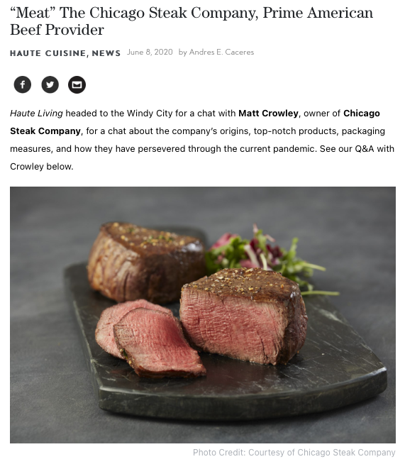 Screenshot of the article with title: 'Meat' The Chicago Steak Company, Prime American Beef Provider and picture of chopped meat