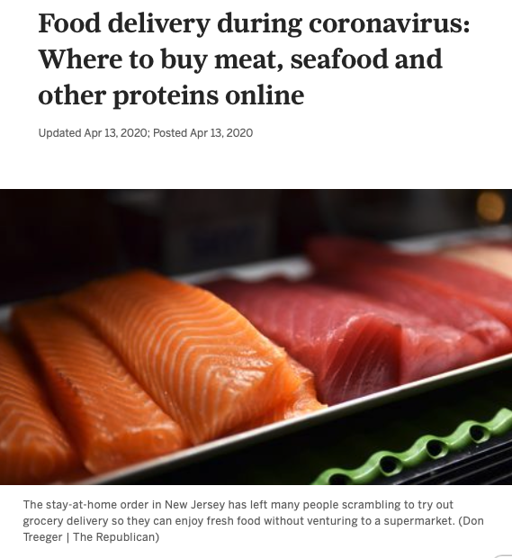 Screenshot of the article with title: Food delivery during coronavirus: Where to buy meat, seafood and other proteins online and picture of a fish fillet