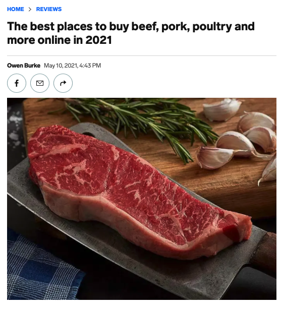 Screenshot of the article with title: The US is facing a meat shortage, but you can still buy beef, pork, poultry and more at these online retailers and picture of raw meat