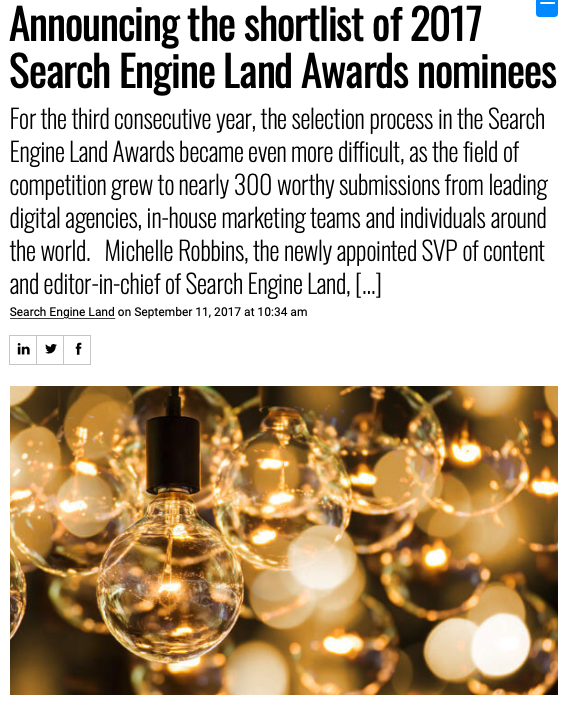 Screenshot of the article with title: Announcing the shortlist of 2017 Search Engine Land Awards nominees and picture of light bulbs