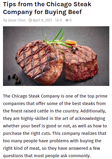 Screenshot of the article with title: Tips from the Chicago Steak Company for Buying Beef and picture of grilled meat
