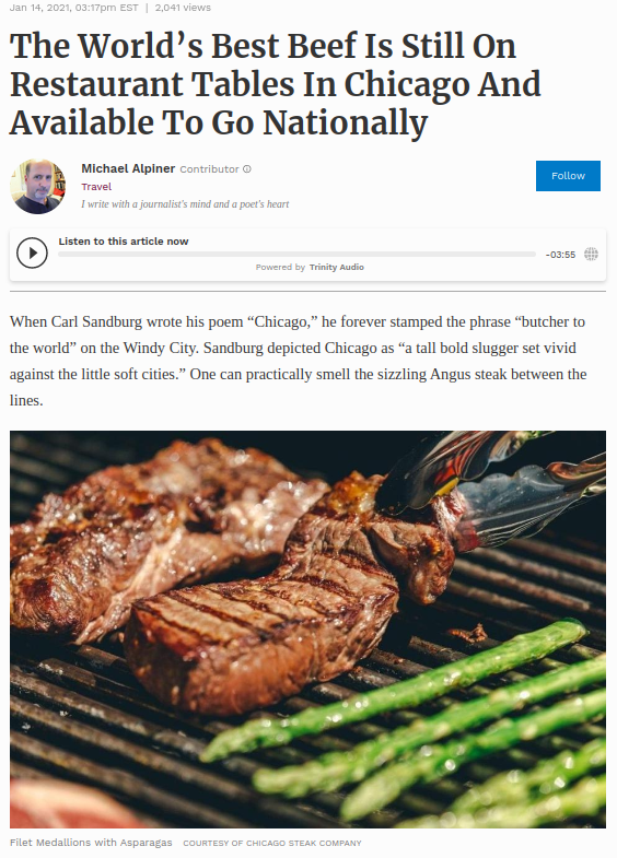 Screenshot of the article with title: The World's Best Beef Is Still On Restaurant Tables In Chicago And Available To Go Nationally and picture of the meat on a grill