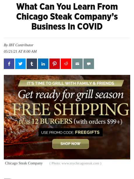 Screenshot of the article with title: What Can You Learn From Chicago Steak Company's Business In COVID and banner with text: Get ready for grill season