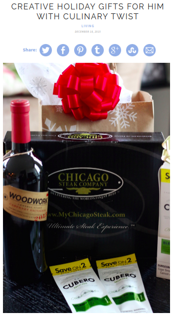Screenshot of the article with title: Creative Holiday Gifts for Him with Culinary Twist and picture of Chicago Steaks Company gift package