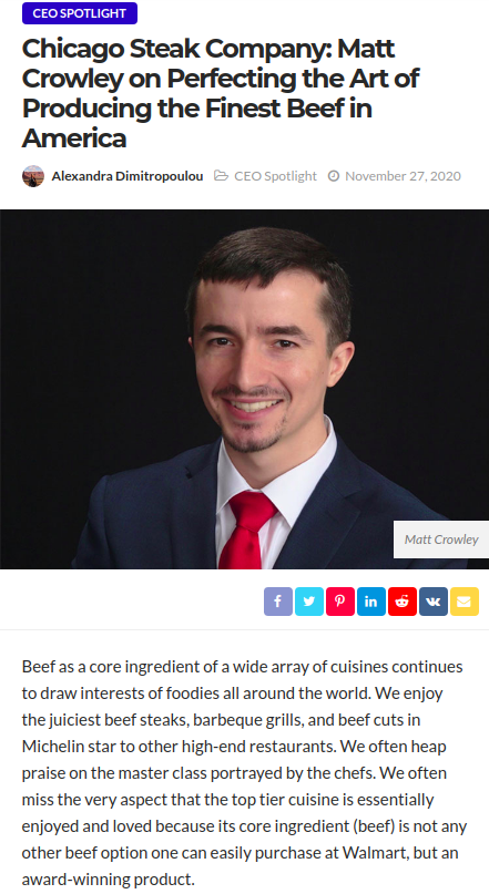 Screenshot of the article with title: Chicago Steak Company: Matt Crowley on Perfecting the Art of Producing the Finest Beef in America and picture of Chicago Steak Company CEO