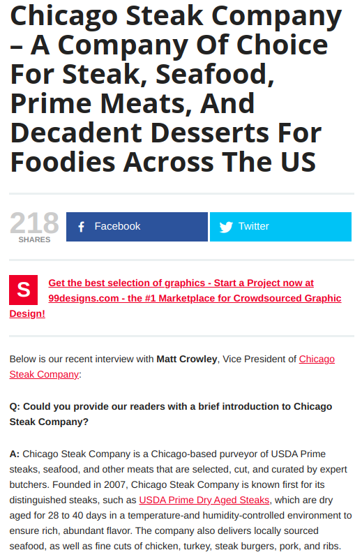 Screenshot of the article with title: Chicago Steak Company ' A Company Of Choice For Steak, Seafood, Prime Meats, And Decadent Desserts For Foodies Across The US