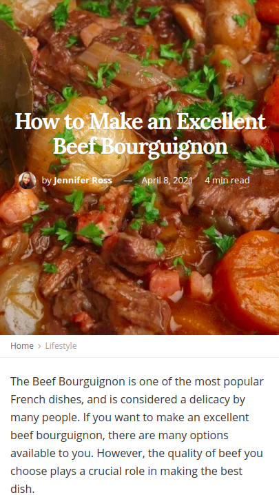 Screenshot of the article with title: How to Make an Excellent Beef Bourguignon and picture of the Beef Bourguignon