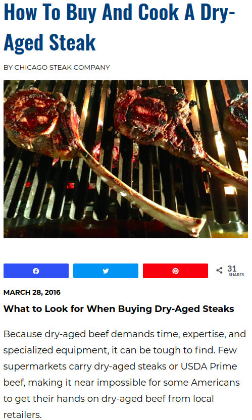 Screenshot of the article with title: How To Buy And Cook A Dry-Aged Steak and picture of the meat on a grill