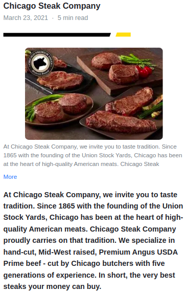 Screenshot of the article with title: Order Your Steaks Online: Flavor and Convenience At the Click of a Button and picture of meat