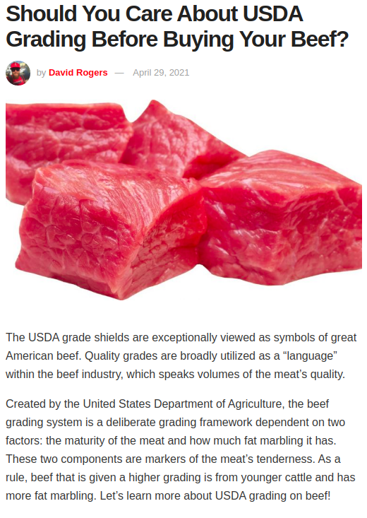 Screenshot of the article with title: Should You Care About USDA Grading Before Buying Your Beef? and picture of a raw meat