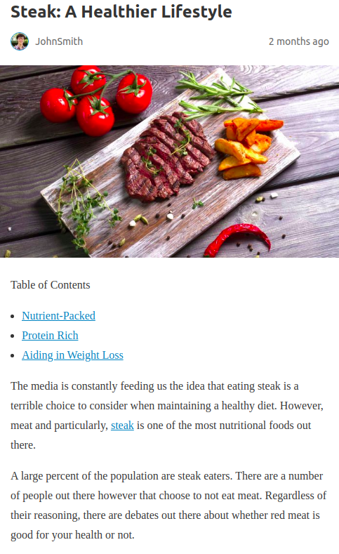 Screenshot of the article with title: Steak: A Healthier Lifestyle and picture of a chopped meat on cutting board