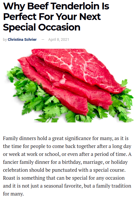 Screenhot of the article with title: Why Beef Tenderloin Is Perfect For Your Next Special Occasion and picture of a chopped meat on parsley