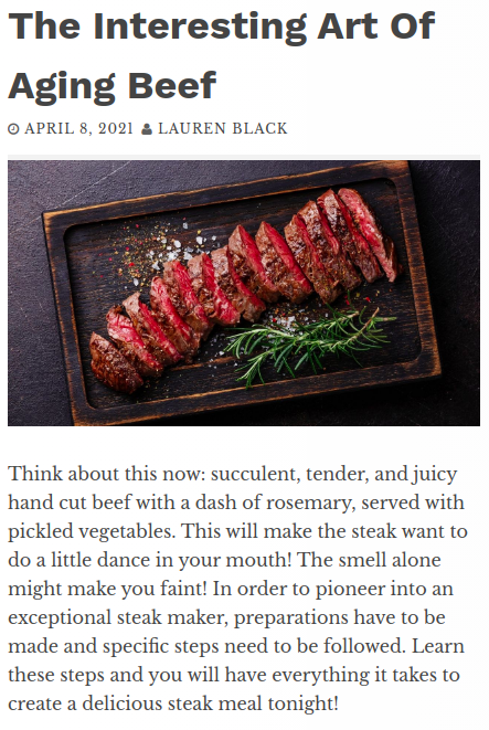 Screenshot of the article with title The Interesting Art Of Aging Beef and picture of a chopped meat