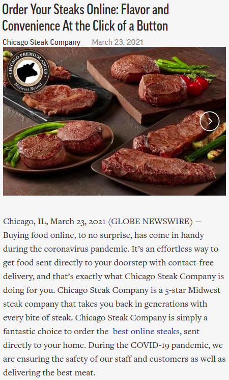 Screenshot of the article with the title Order Your Steaks Online: Flavor and Convenience At the Click of a Button and picture of steaks