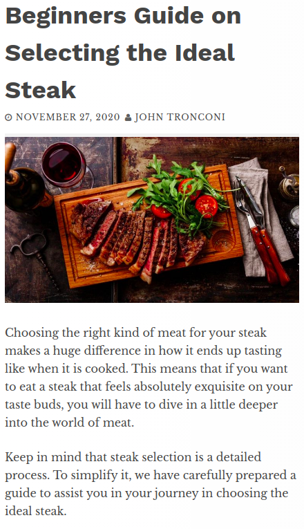 Screenshot with the title: Beginners Guide on Selecting the Ideal Steak and a picture of a chopped meat on a cutting board