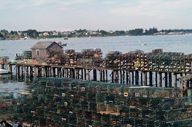 lobster fishing cages by the ocean