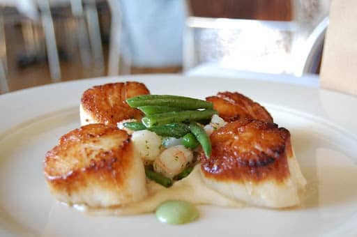 cooked scallops served with green beans