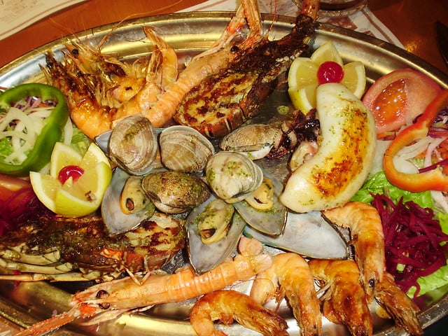 seafood platter with shrimp clams fish etc