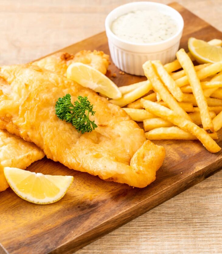 fried fish with french fries and tartar sauce